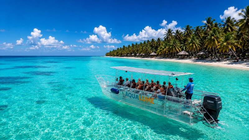 Bote transparente Aqualume navegando en aguas cristalinas hacia Isla Saona